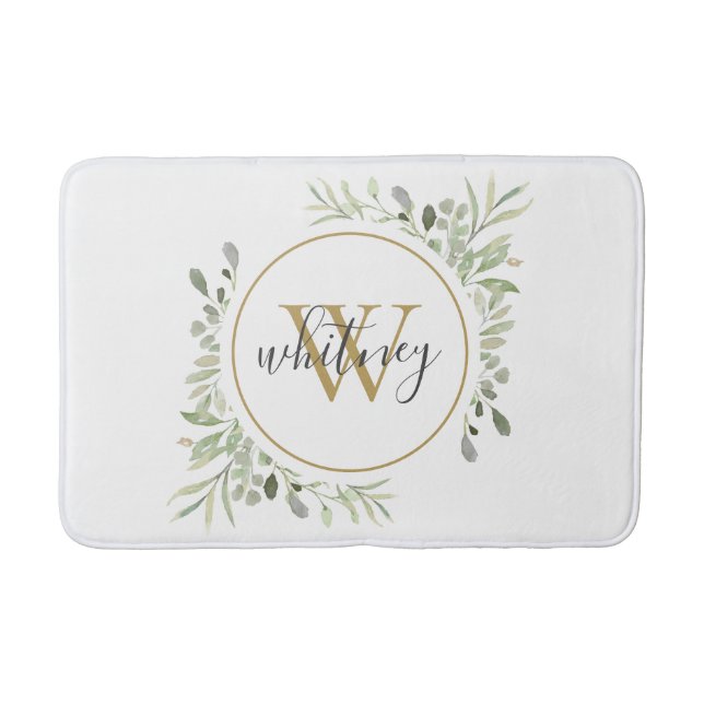 Elegant grönska med Chic guldmonogram i skrivstil Badrumsmatta (Framsidan)