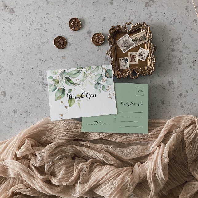 Elegant grönska med guld kalligrafi tackkort vykort (Skapare uppladdad)