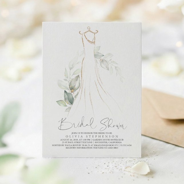 Elegant grönska och bröllopsklänning - bröllopsdus inbjudningar (Greenery Dress Bridal Shower Invitations)