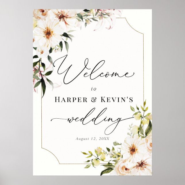 Elegant grönska och elfenbensblommor Bröllop Välko Poster (Framsidan)
