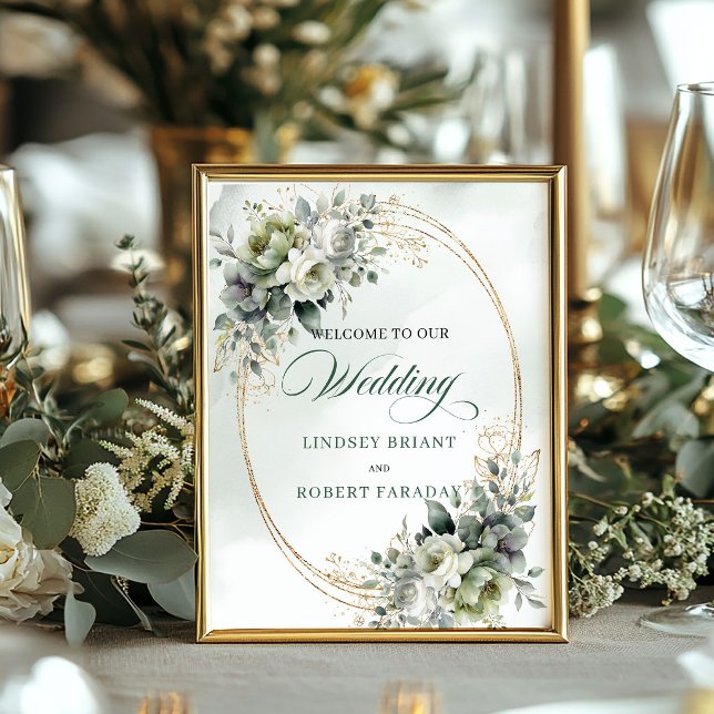 Elegant grönska och guld välkomstskylt för bröllop poster (Elegant Greenery and Gold Wedding Welcome Sign)