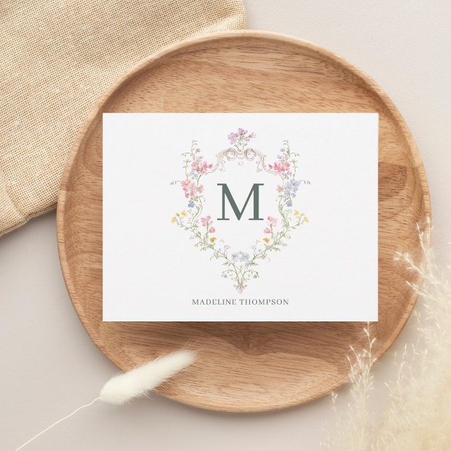 Elegant grönska rokoko blomster kröningsmonogram anteckningskort (Skapare uppladdad)