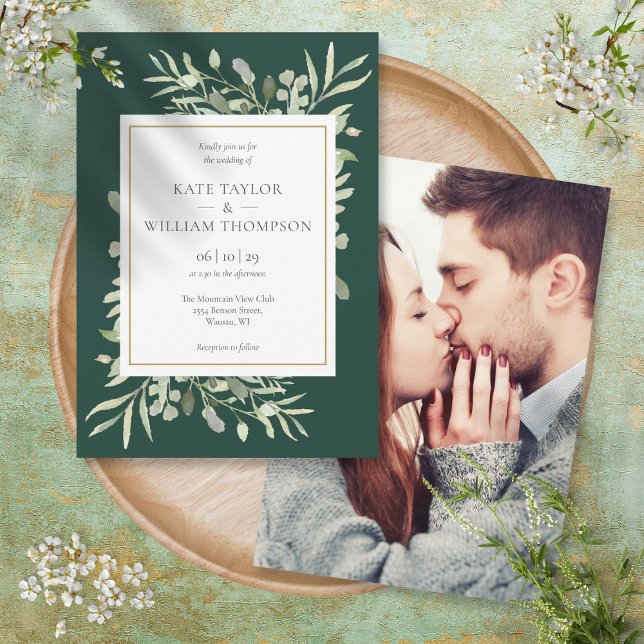 Elegant grönska smaragd guld foto bröllop inbjudningar (Elegant Greenery Emerald Gold Photo Wedding Invitation)