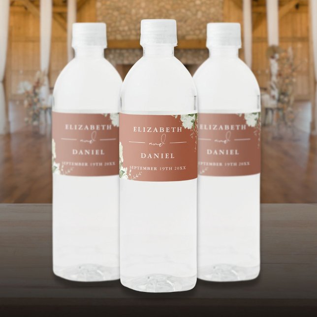 Elegant grönskande blomster terrakotta bröllop vattenflaskor etikett (Elegant Greenery Floral Terracotta Wedding Water Bottle Label)