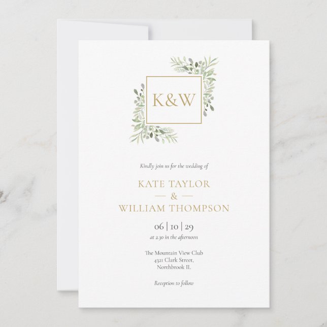 Elegant grönskande lövverk monogram bröllop inbjudningar (Framsida)