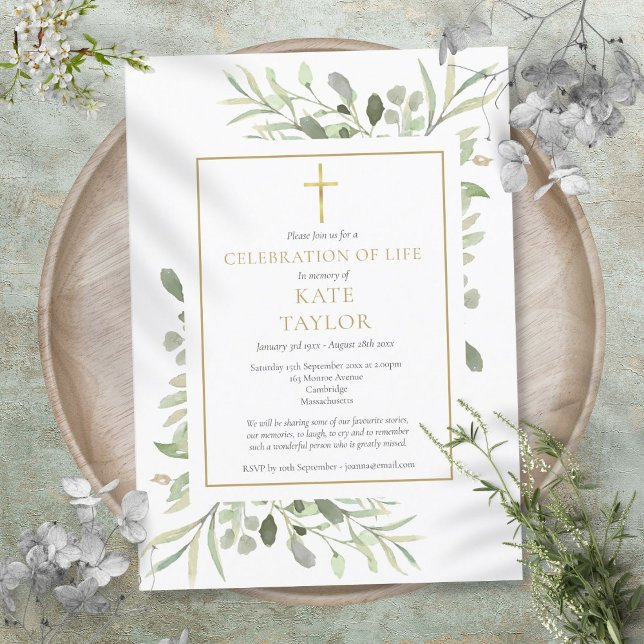 Elegant grönskas livets firande begravning inbjudningar (Elegant Greenery Celebration of Life Funeral Invitation)