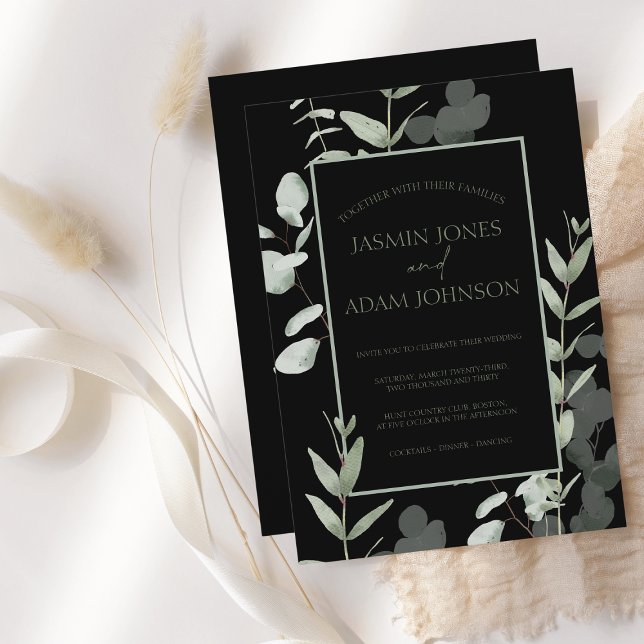 Elegant Grönt Black Eucalyptus Wedding bjudande Inbjudningar (Skapare uppladdad)