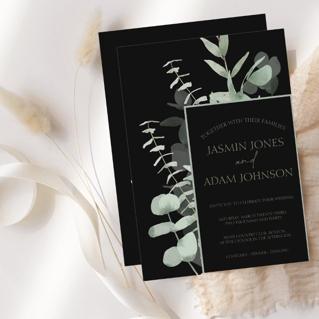 Elegant Grönt Black Eucalyptus Wedding bjudande Inbjudningar (Skapare uppladdad)
