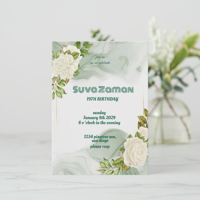 Elegant Grönt Blommigt 19: e födelsedagarinbjudan  Inbjudningar (Stående Fram)