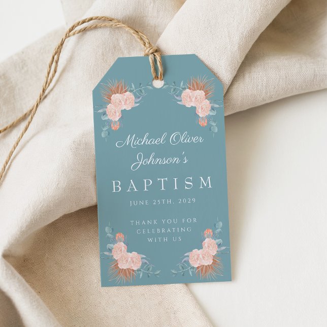 Elegant Grönt Blommigt Baptism Presentetikett (Elegant Green Floral Baptism Gift Tags)