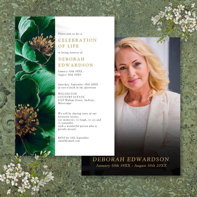 Elegant Grönt Blommigt Firande Life Photo Inbjudningar (Elegant Green Floral Celebration Of Life Photo Invitation)