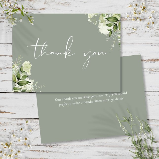 Elegant Grönt Blommigt  för personlig Sage Tack Kort (Personalized Sage Green Floral Elegant Script Thank You Card)