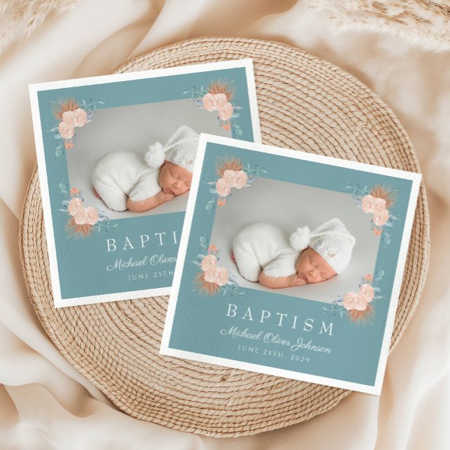 Elegant Grönt Blommigt Fotodobaptism Pappersservett (Elegant Green Floral Photo Baptism Napkins)