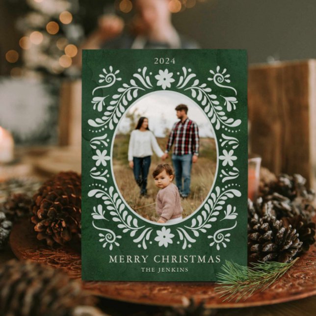 Elegant Grönt Blommigt Fotojul Julkort (Elegant Botanical Photo Christmas Card)