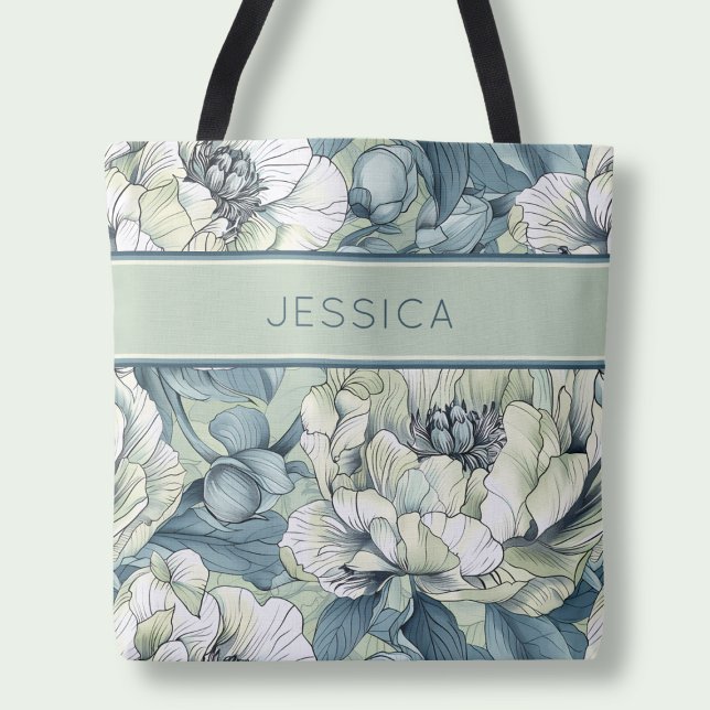 Elegant Grönt Blommigt Namn Botaniska avloppsblomm Tygkasse (Elegant Green Floral Name Botanical Sage Flowers Tote Bag)