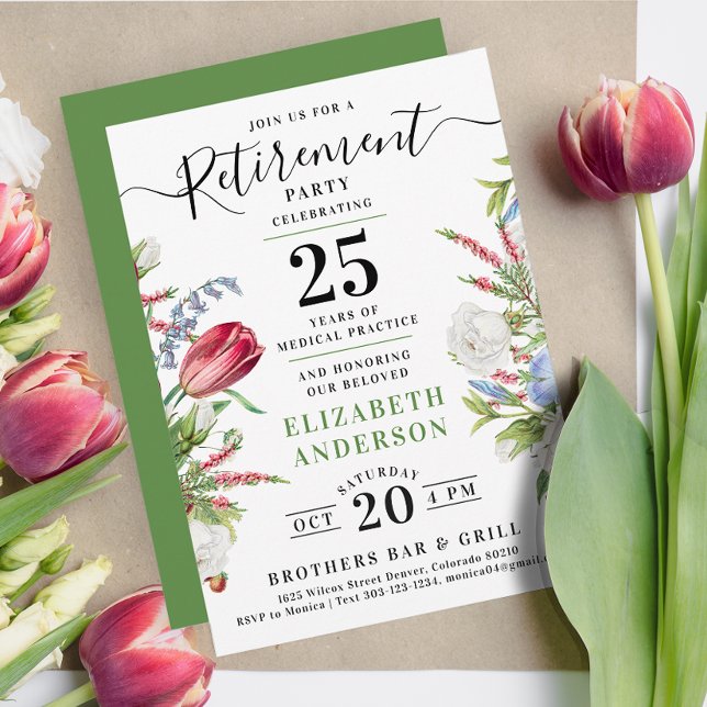 Elegant Grönt Blommigt Pension Firande Party Inbjudningar (Skapare uppladdad)