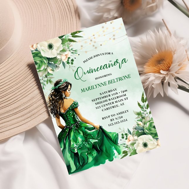 Elegant Grönt Blommigt Princess Quinceañera Inbjudningar (Skapare uppladdad)