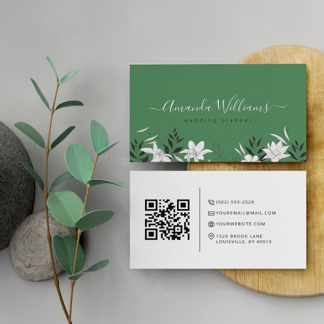 Elegant Grönt Blommigt QR-kodAffärskort Visitkort (Skapare uppladdad)