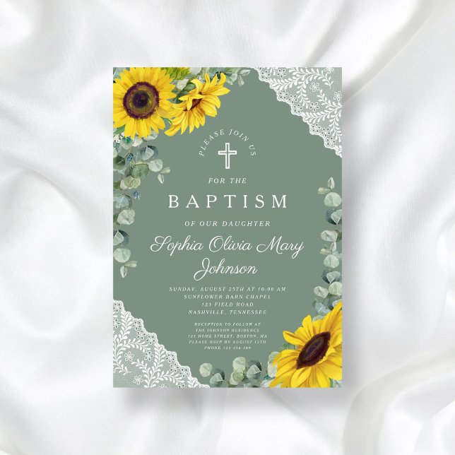 Elegant Grönt Blommigt  Religiösa Baptism Inbjudningar (Elegant Sage Green Floral Religious Baptism Invitation)