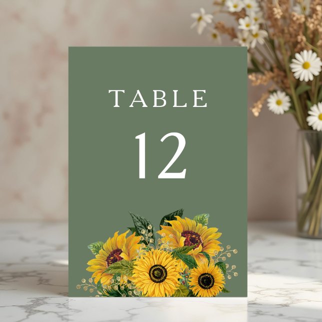 Elegant Grönt Blommigt Solblommor Bröllop Bordsnummer (Elegant Green Floral Sunflowers Wedding Table Number)