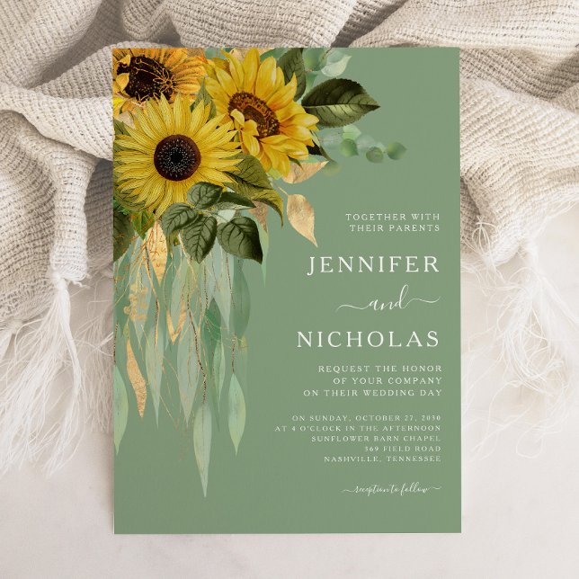 Elegant Grönt Blommigt Solblommor Bröllop Inbjudningar (Elegant Green Floral Sunflowers Wedding Invitation)