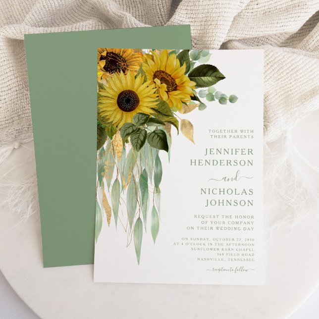 Elegant Grönt Blommigt Solblommor Bröllop Inbjudningar (Elegant Green Floral Sunflowers Wedding Invitation)