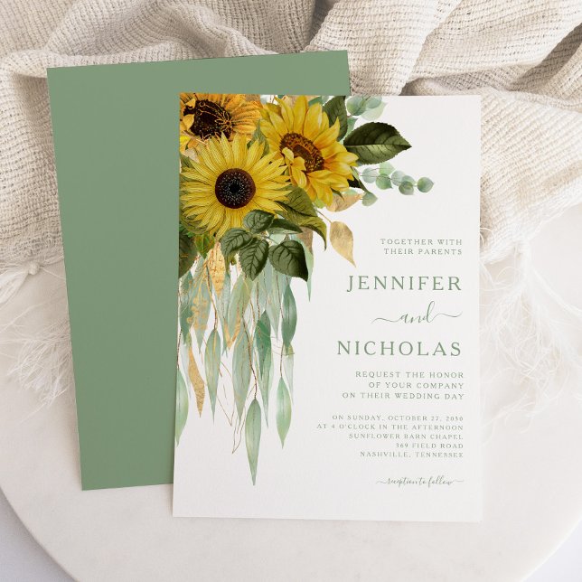 Elegant Grönt Blommigt Solblommor Bröllop Inbjudningar (Elegant Green Floral Sunflowers Wedding Invitation)