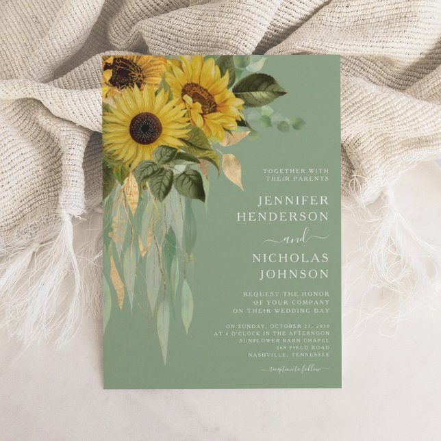 Elegant Grönt Blommigt Solblommor Bröllop Inbjudningar (Elegant Green Floral Sunflowers Wedding Invitation)