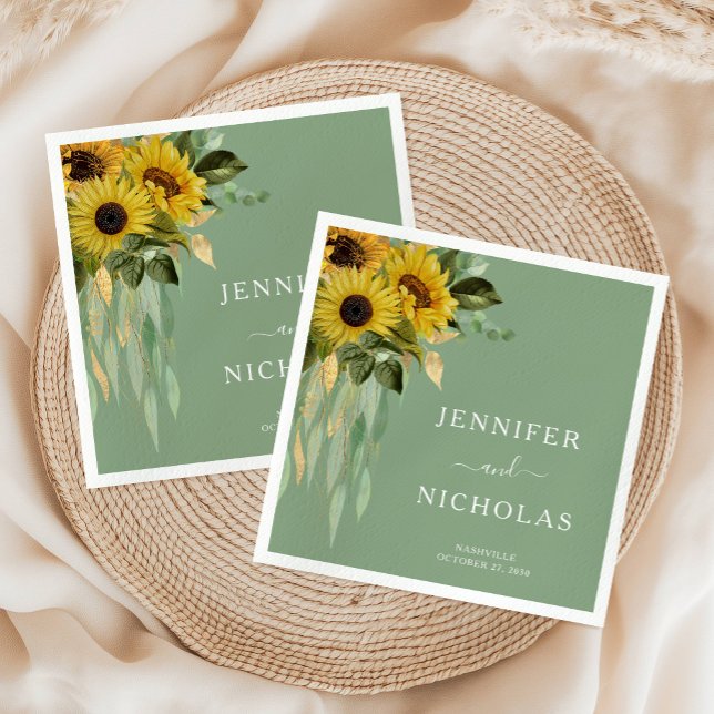 Elegant Grönt Blommigt Solros Bröllop Pappersservett (Elegant Green Floral Sunflower Wedding Napkins)