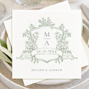 Elegant Grönt Blommigt Vapensköld  Monogram Bröllo Pappersservett