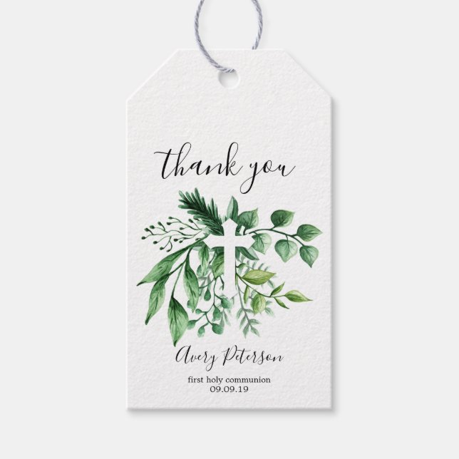 Elegant Grönt Botanical Kor First Heliga Communion Presentetikett (Framsidan)