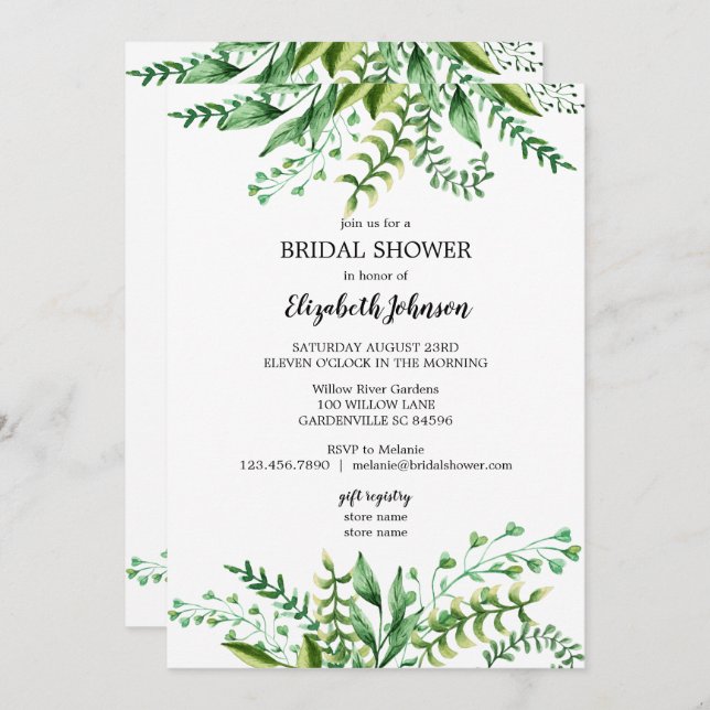 Elegant Grönt Botanisk Möhippa Inbjudningar (Fram/baksida)