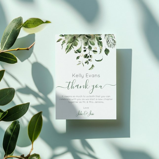 Elegant Grönt Botaniska Bröllop Tack (Wedding photo, green leaves wedding thank you card)