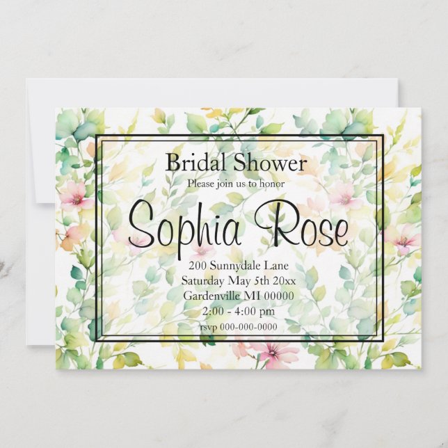 Elegant grönt botaniska vattenfärgsvilda blommor inbjudningar (Framsida)