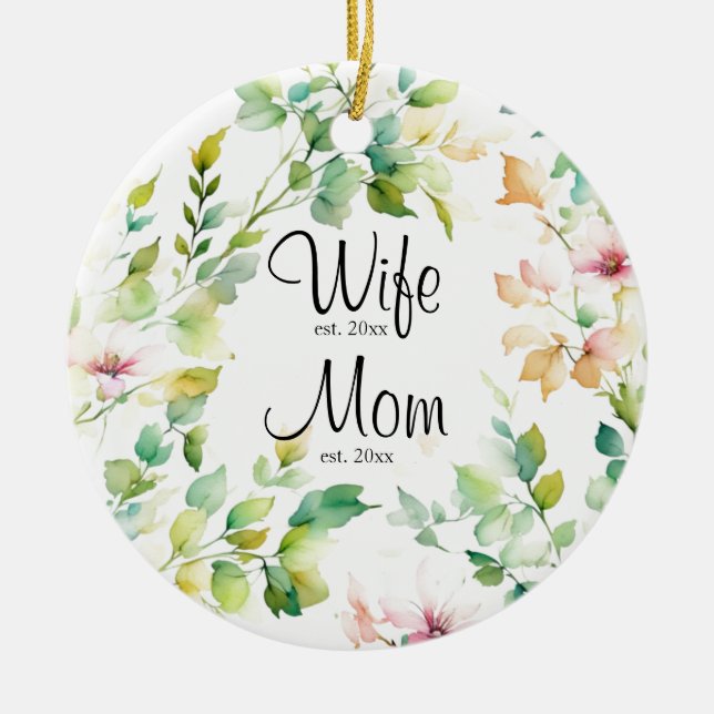 Elegant grönt botaniska vattenfärgsvilda blommor julgransprydnad keramik (Framsidan)