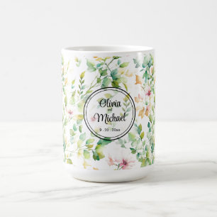 Elegant grönt botaniska vattenfärgsvilda blommor kaffemugg
