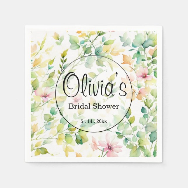 Elegant grönt botaniska vattenfärgsvilda blommor pappersservett (Framsidan)