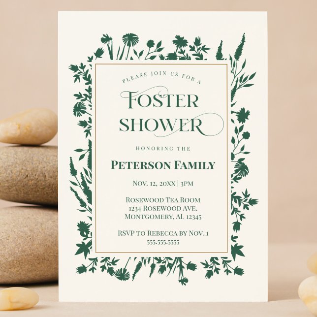 Elegant Grönt Botaniskt fostervaktprogram Inbjudningar (Forest Green botanical wildflower foster care baby shower invitation customizable Registry QR code )