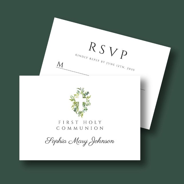 Elegant Grönt Botaniskt Kor Första kommissionen OSA Kort (Elegant Green Botanical Cross First Communion RSVP Card)