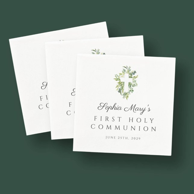Elegant Grönt Botaniskt Kor Första kommissionen Pappersservett (Elegant Green Botanical Cross First Communion Napkins)