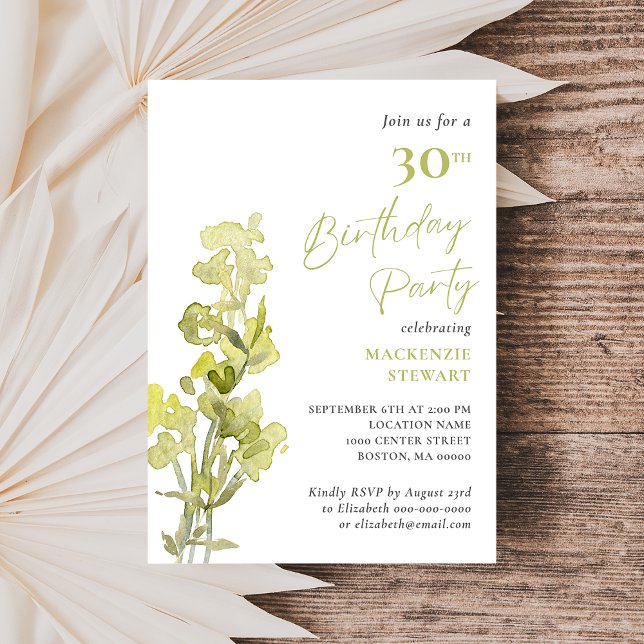 Elegant Grönt Botaniskt vattenfärg 30års födelseda Inbjudningar (Skapare uppladdad)