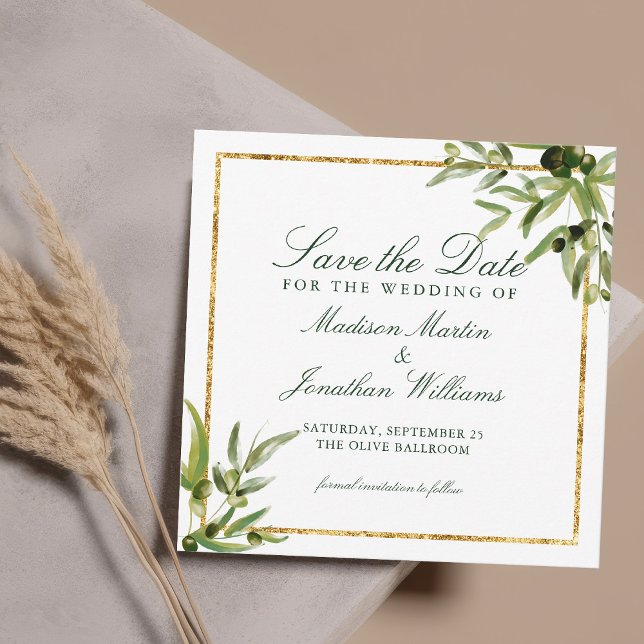 Elegant Grönt Botaniskt Vin Guld Spara datum Inbjudningar (Skapare uppladdad)