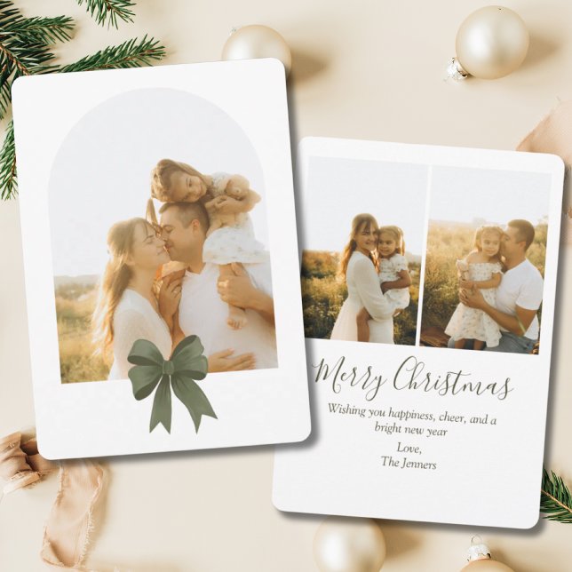 Elegant Grönt Bow Arch 3 Photo Family-jul Julkort (Coquette Green Bow 3-Photo Holiday Card)