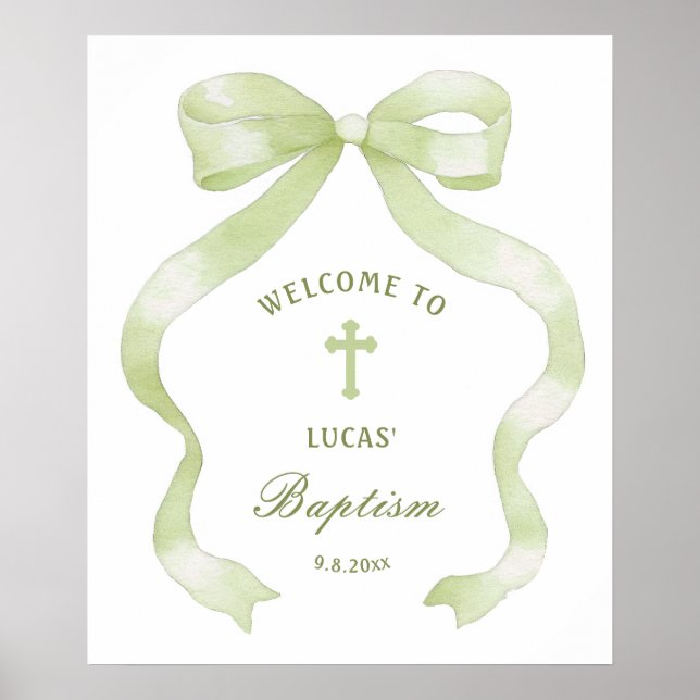 Elegant Grönt Bow Baptism Välkommen Poster (Framsidan)