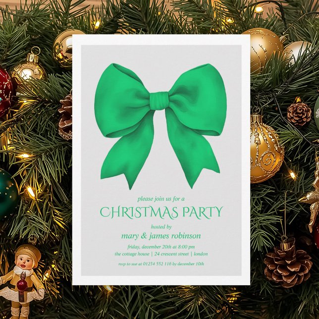 Elegant Grönt Bow-Julfest Inbjudningar (Elegant Green Bow Christmas Holiday Party Invitation)