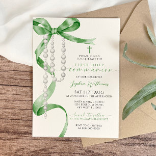 Elegant Grönt Bow & Rosary First Heliga Communion Inbjudningar