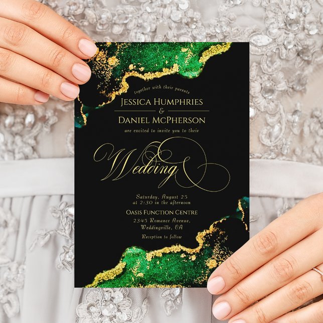 Elegant Grönt Bronze Guld Bröllop Inbjudningar (Elegant Green Bronze Gold Wedding Invitation)