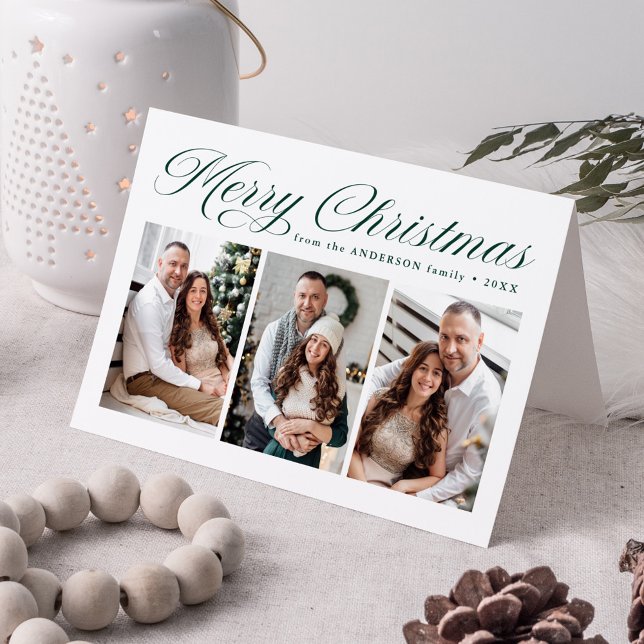 Elegant Grönt Calligraphy God jul 3 Photo Helgkort (Skapare uppladdad)