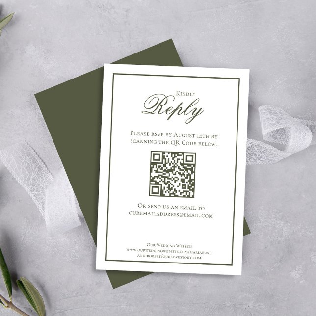 Elegant Grönt Calligraphy OSA Kort (Elegant dark olive green classic RSVP card.)