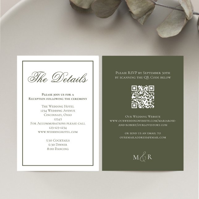 Elegant Grönt Calligraphy-OSA Tilläggskort (Olive green wedding details card with scannable QR Code. )
